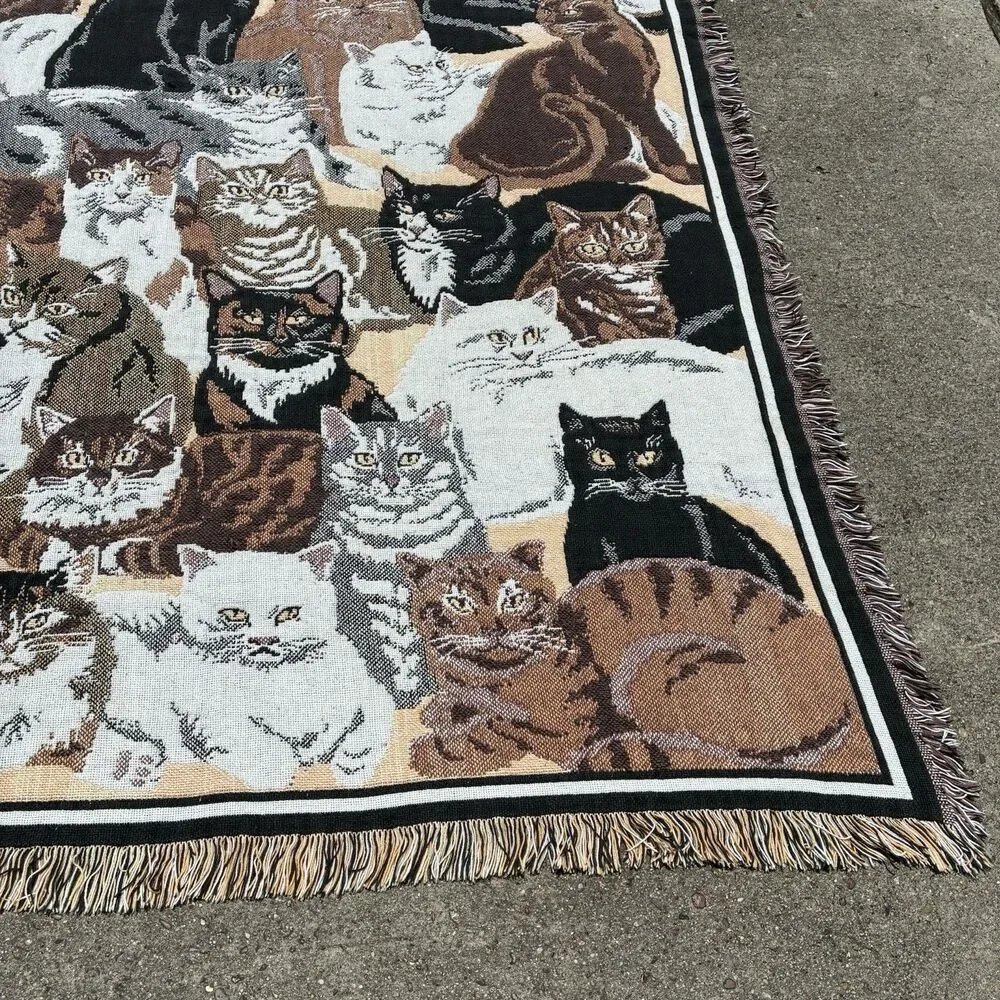 VTG Goodwin Weavers Cat Tapestry Blanket Woven Cotton Throw 